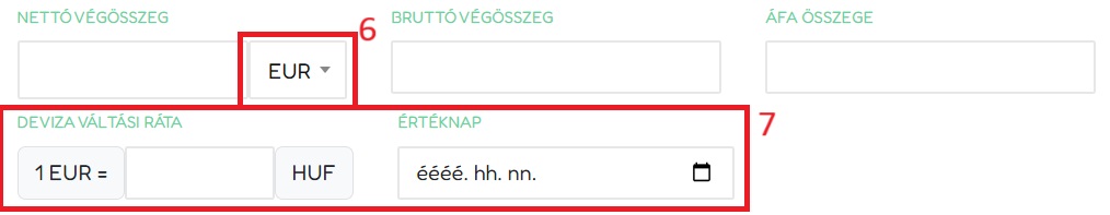Pénznem és deviza-adatok megadása